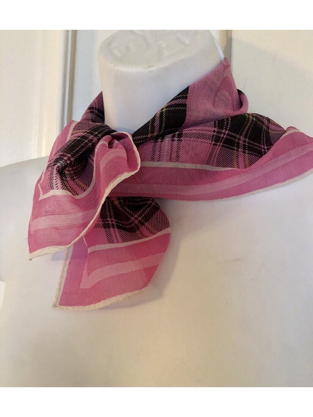 VTG Coach Translucent Glitter Pink Checkered Crepe de Chine Scarf 21” x 21”